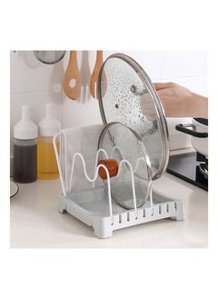 KASTWAVE Pot Lid Holder, Small Chopping Board Stand Cookware Organizer Pot Stand Rack with 4 Adjustable Compartment for Pot Lids Cutting Boards, Grey  - Image 5