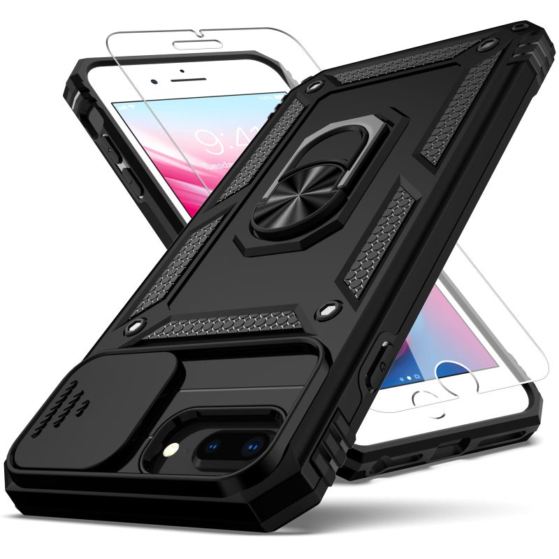 YZOK for iPhone 8 Plus Case, for iPhone 7/6 Plus Case,with Slide Camera Cover+ HD Screen Protector,Rotated Ring Kickstand Military Grade Shockproof Protective Cover-Black - Image 1