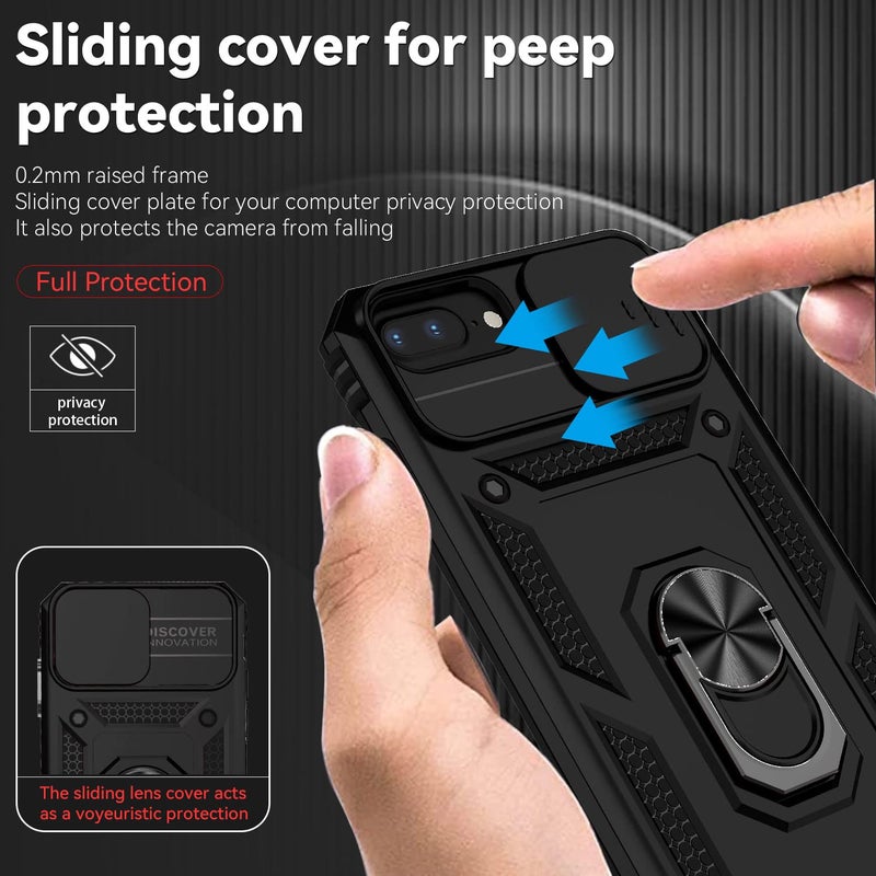 YZOK for iPhone 8 Plus Case, for iPhone 7/6 Plus Case,with Slide Camera Cover+ HD Screen Protector,Rotated Ring Kickstand Military Grade Shockproof Protective Cover-Black - Image 4