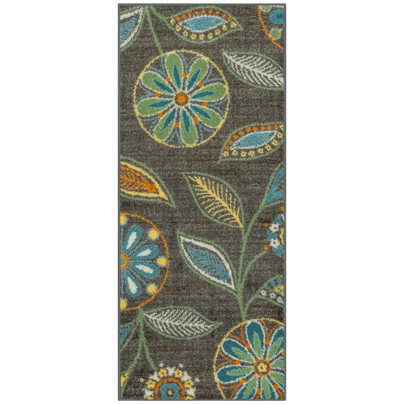 Maples Rugs Reggie Floral Runner Rug  Made in USA  Washable Non Slip Indoor Carpet for Kitchen Hallway and Laundry Room 18 x 4 Dark Grey