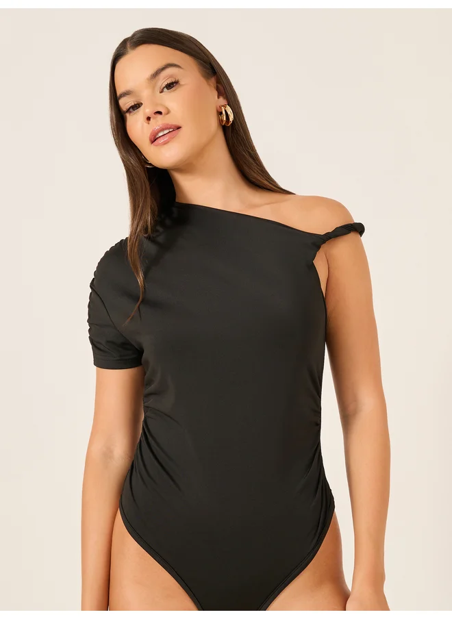 Styli Styli Solid Asymmetric Neck Bodysuit with Gathered Detail
