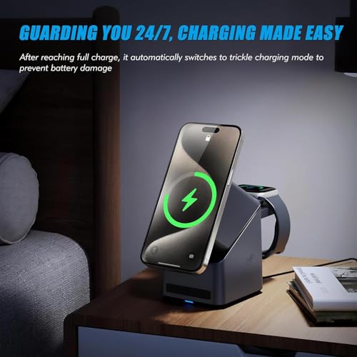 OLSIC 4-in-1 Magnetic Wireless Charging Station with Digital Clock, 15W Fast Charger Dock for iPhone 12/13/14/15/16, AirPods Pro/3/2, Apple Watch All Series, Alarm Clock Nightstand Charging Stand - Image 3