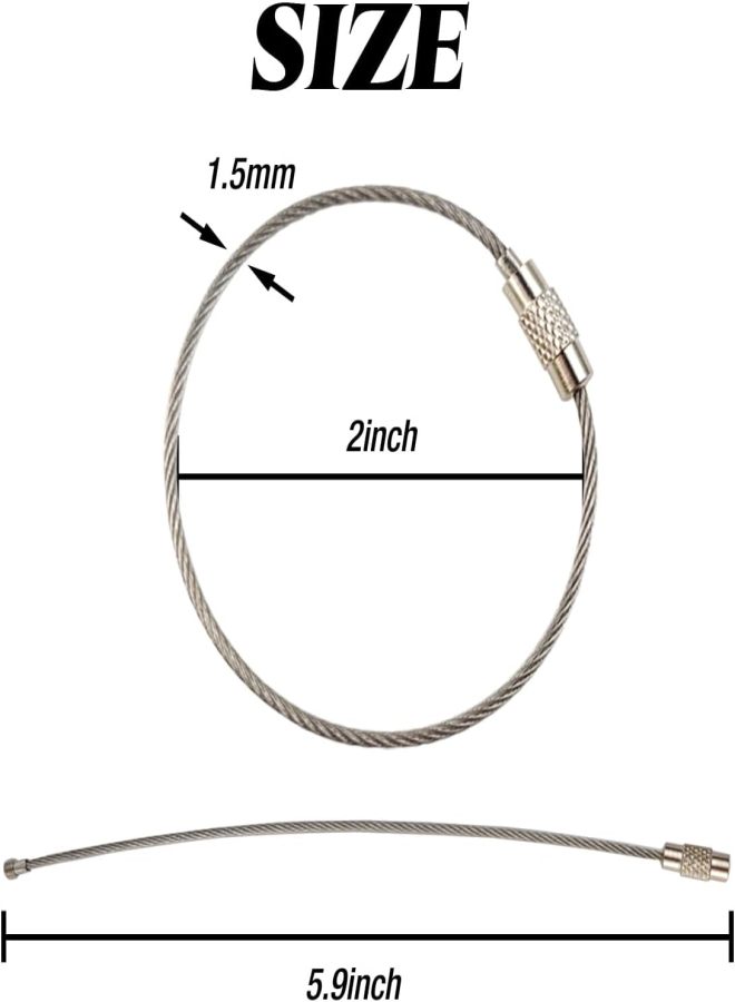 50 Pack Stainless Steel Wire Keychains, 1.5mm Heavy Duty Cable Key Rings, Twist Lock Nut Design, 15cm Length for Luggage Tags & Outdoor Use - Image 2