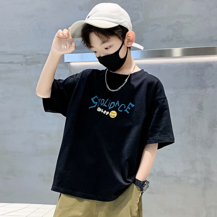 Boys Short-sleeved T-shirt 2025 New Style Top Big Boys Summer Cotton White Summer Wear Children's Trendy Street - Image 1