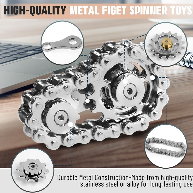 CHESLICR Fidget Spinner Toy for Adults Metal Figette Bike Chain Easter Basket Stuffer for Adult Men Pain Stim ADHD Teen Cool Gadgets Quiet Desk Offices Anxiety Relief Items Stress Tool Sensory Spiky - Black - Image 3