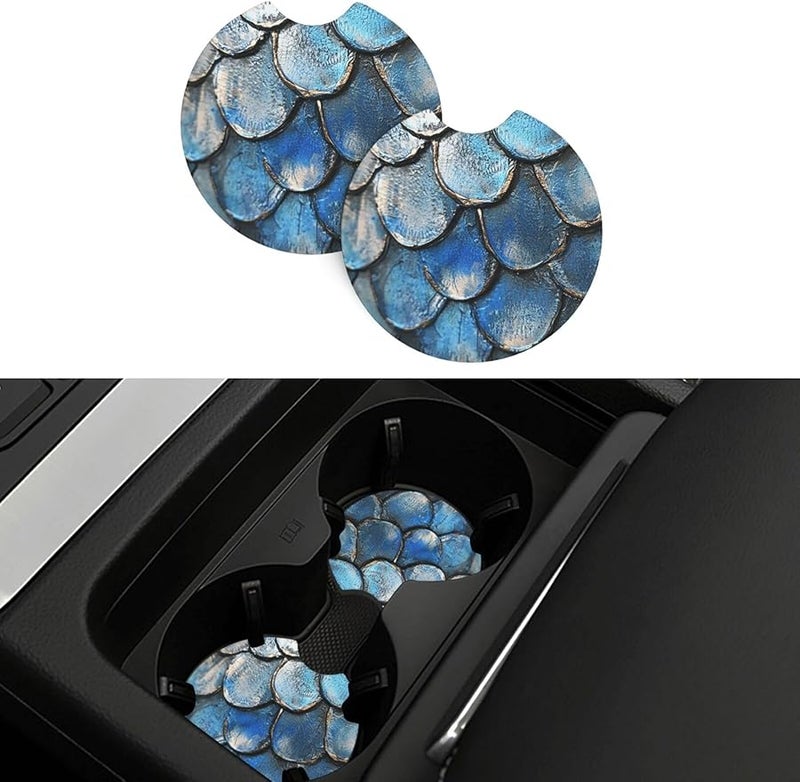 Universal Non Slip Car Cup Holder Coaster 2 Pcs Sea Blue Mermaid Fish Scale Absorbent Rubber Mat - Image 1