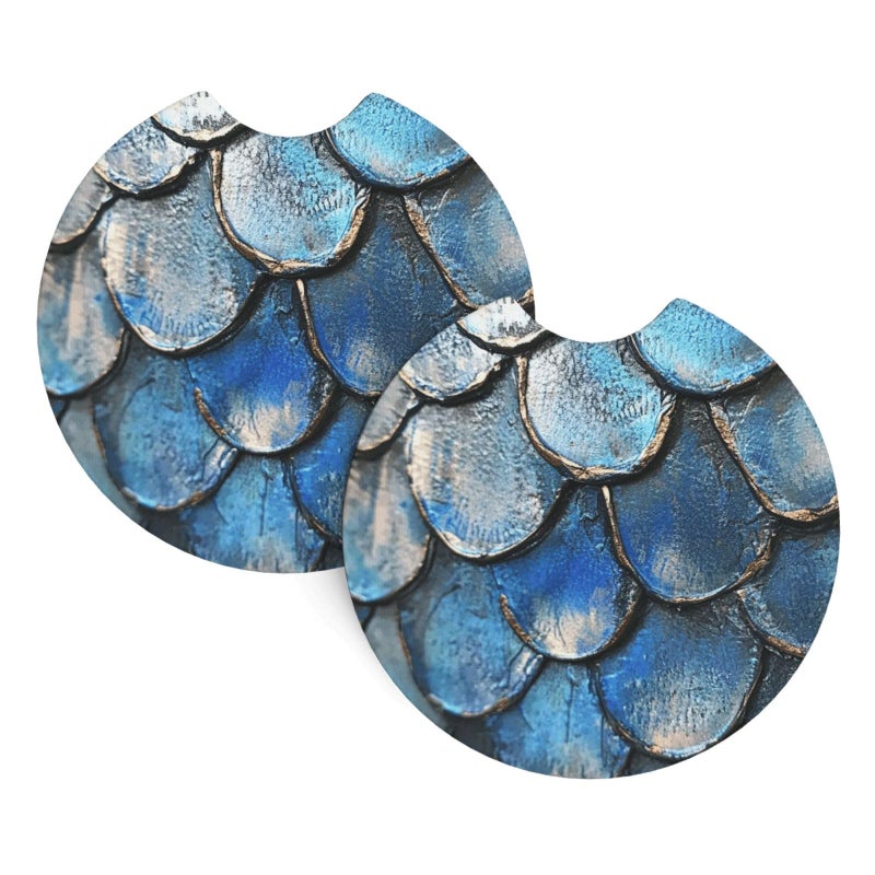 Universal Non Slip Car Cup Holder Coaster 2 Pcs Sea Blue Mermaid Fish Scale Absorbent Rubber Mat - Image 3