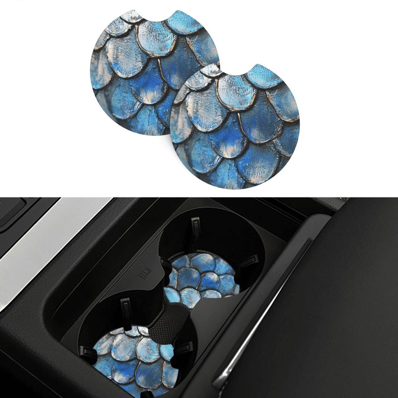 Universal Non Slip Car Cup Holder Coaster 2 Pcs Sea Blue Mermaid Fish Scale Absorbent Rubber Mat - Image 2