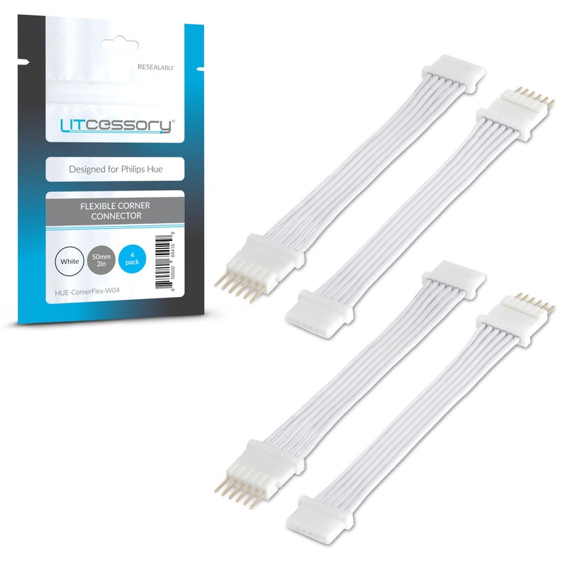 Litcessory Flexible Corner Connector/Extension Cable for Philips Hue Lightstrip Plus (2in, 4 Pack, White - Micro 6-PIN V4 / Solo Lightstrip) - Image 1