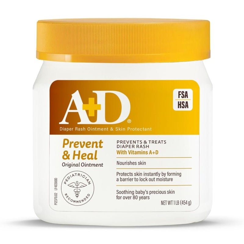 A + D Original Diaper Rash Ointment, Prevents & Protects Diaper Rash, Moisturizes & Heals Dry Skin With Vitamins A&D, 16oz Jar - Image 1
