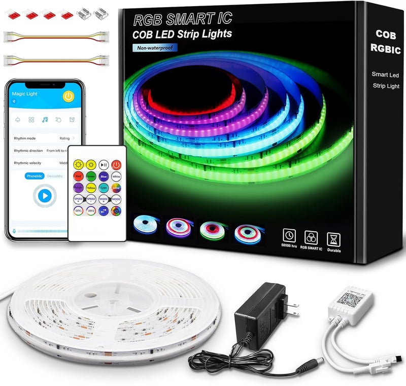 GUPUP 16.4ft COB RGB Smart IC LED Strip Lights,Addressable Color Chasing Strip Light, 24V 2880 LEDs Multicolor Flexible Tape Lighting Kit with APP Control &Music Mode, for TV,Bedroom,Party Decoration - Image 1