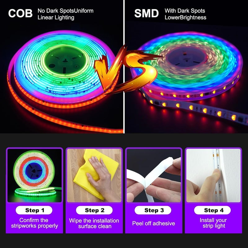 GUPUP 16.4ft COB RGB Smart IC LED Strip Lights,Addressable Color Chasing Strip Light, 24V 2880 LEDs Multicolor Flexible Tape Lighting Kit with APP Control &Music Mode, for TV,Bedroom,Party Decoration - Image 2