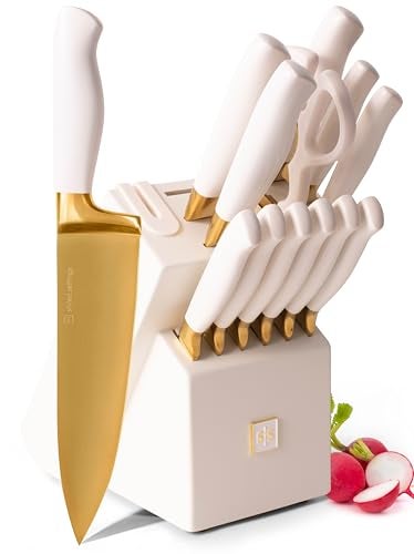 Gold Knife Set with Block SelfSharpening  14Piece Titanium Coated Gold and OffWhite Kitchen Knives with White Block and BuiltIn Sharpener  Stylish Luxury Kitchen Accessories and Decor