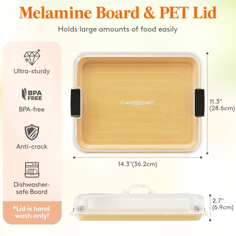 Lifewit 1 Compartment Melamine Charcuterie Board, 11 x 14 Inch Portable Cheese Board with Plastic Lockable Clear Lid, Travel Charcuterie Board Serving Platter with Cover for Snacks, Fruit, Appetizers - Image 2