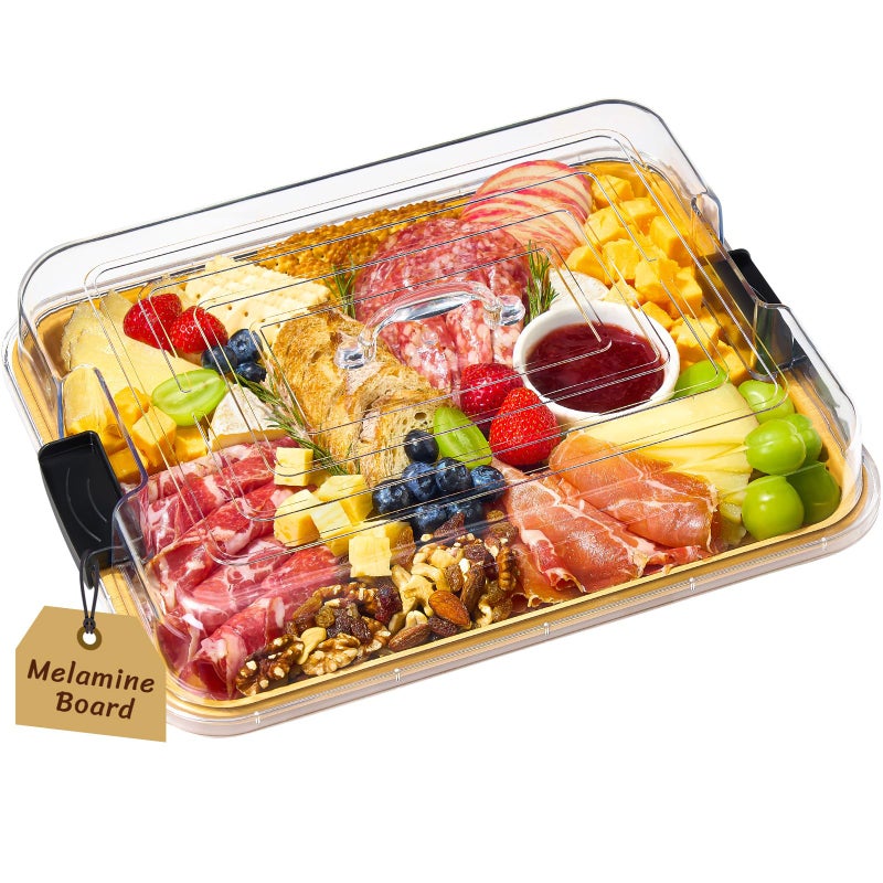 Lifewit 1 Compartment Melamine Charcuterie Board, 11 x 14 Inch Portable Cheese Board with Plastic Lockable Clear Lid, Travel Charcuterie Board Serving Platter with Cover for Snacks, Fruit, Appetizers - Image 1