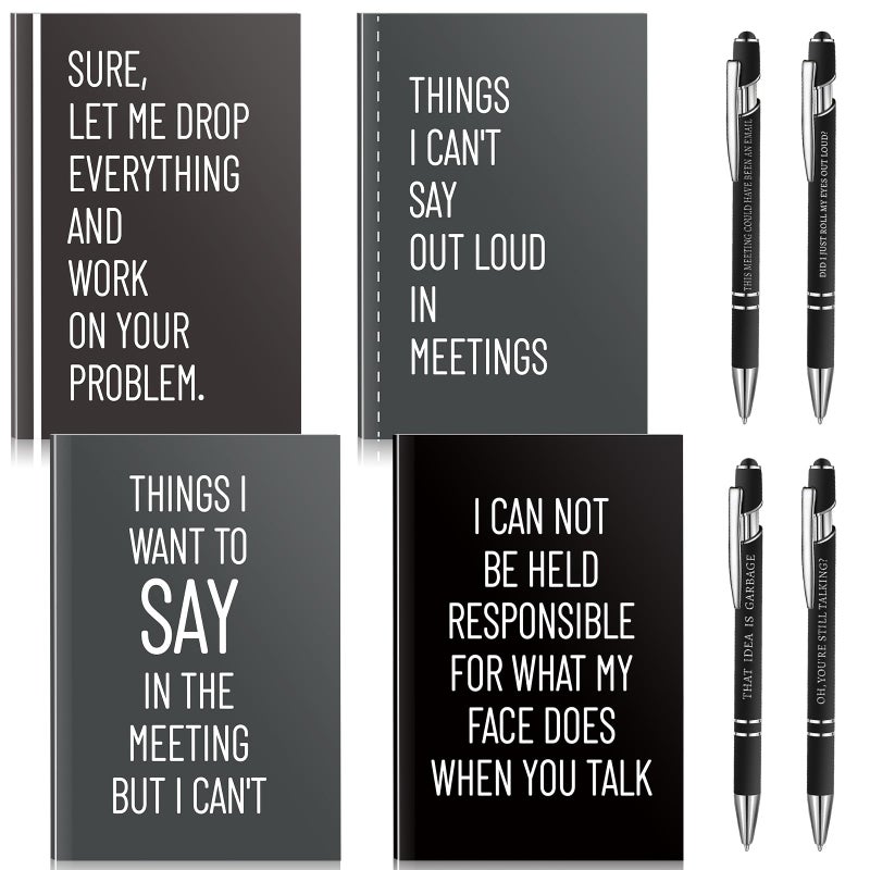 Fullhawl 4 Sets Funny Gifts Sarcastic Sayings Notebooks Funny Pens Notebooks for Coworker Snarky Ballpoint Journal with Insulting Negative Quotes Work Gift for Women Employee OfficeWhite - Image 2