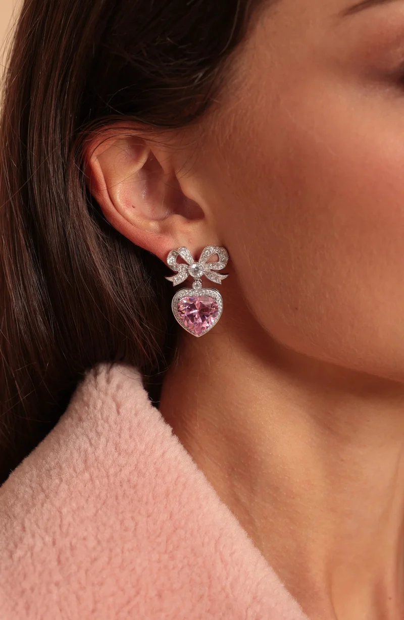 Santinni London Silver Princess' Bow and Pink Crystal Heart Silver Earrings for Women | Best Price UAE