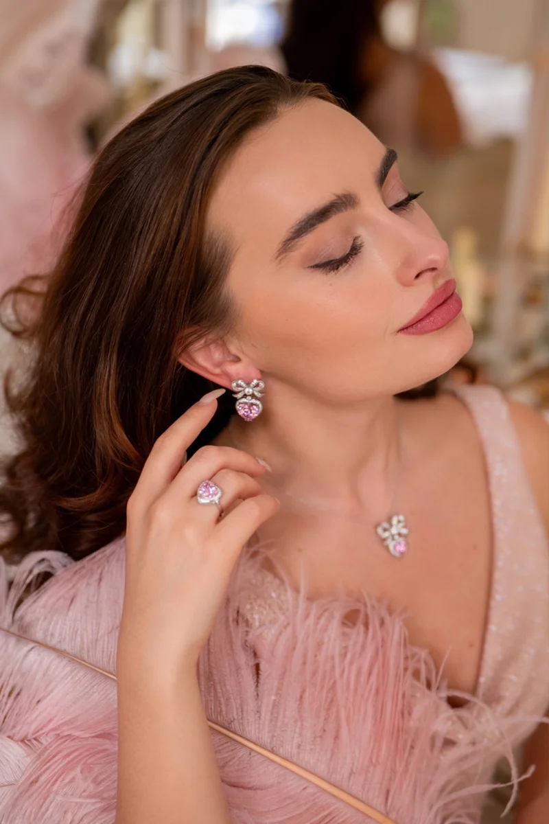 Santinni London Silver Princess' Bow and Pink Crystal Heart Silver Earrings for Women | Best Price UAE