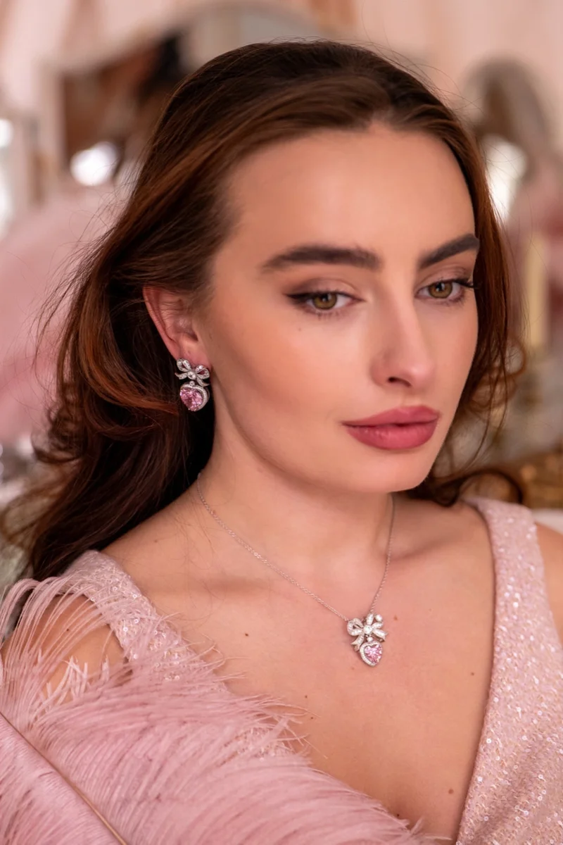 Princess' Bow and Pink Crystal Heart Silver Earrings