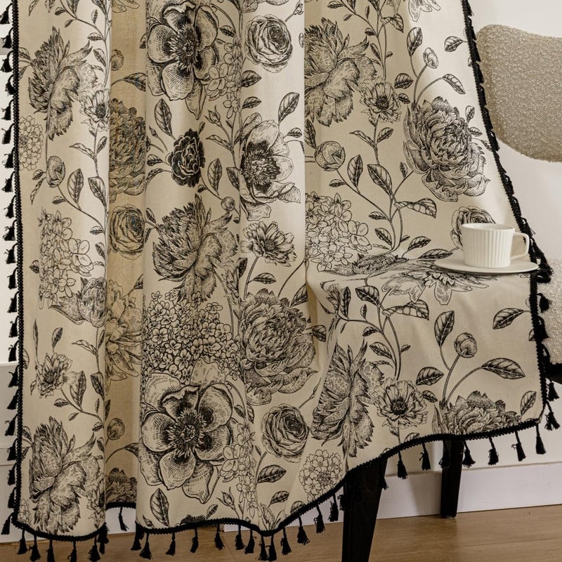 ستائر F-Chu Bohemian لغرفة النوم 63 بوصة بطول فرنسي البلد الأزهار الأزهار الأزهار مزرعة لوحات الستار النافذة الريفية لغرفة نوم أنيقة مزيج من الكتان المزيج - Image 3