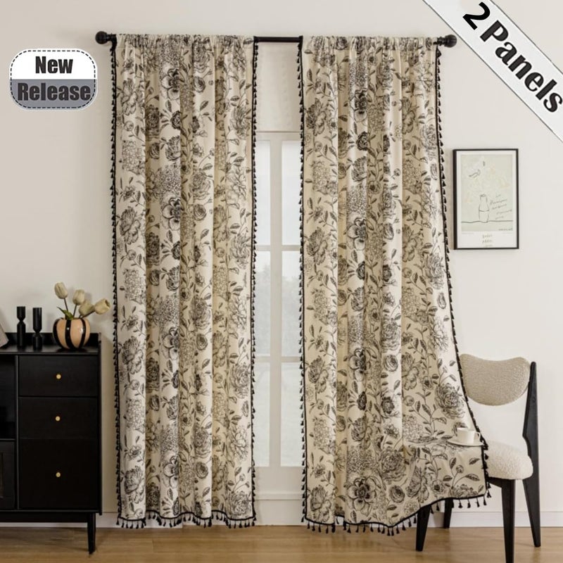 ستائر F-Chu Bohemian لغرفة النوم 63 بوصة بطول فرنسي البلد الأزهار الأزهار الأزهار مزرعة لوحات الستار النافذة الريفية لغرفة نوم أنيقة مزيج من الكتان المزيج - Image 2