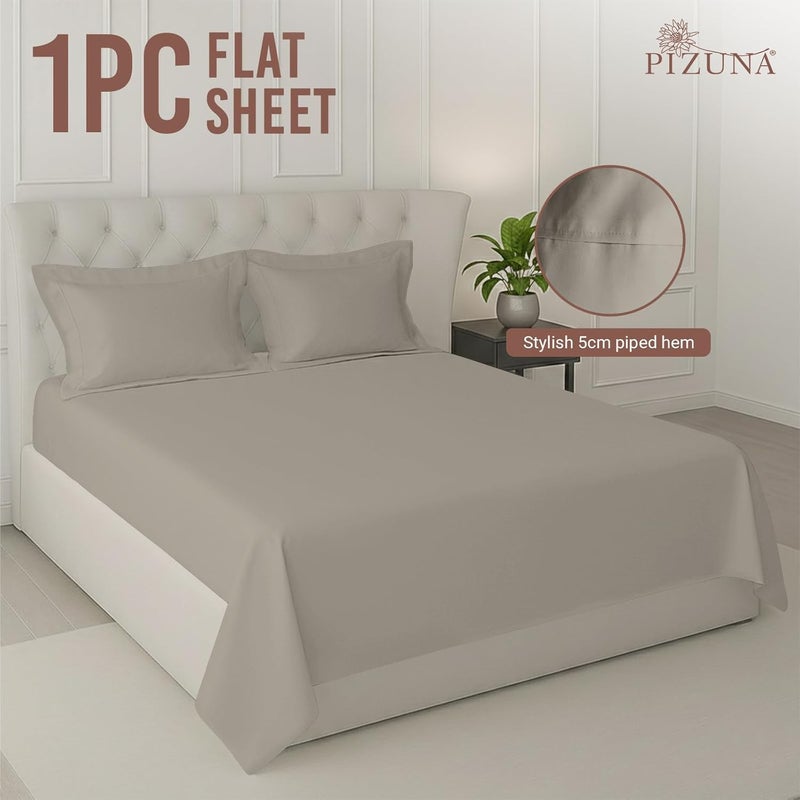 PIZUNA 100% Cotton Flat Sheet King Size 300x280 cm Simply Taupe 1 PC, 400 Thread Count Luxurious Long Staple Cotton Sateen Weave Bed Sheet Simply Taupe (ملاءة سرير مسطحة من القطن 100%) - Image 2