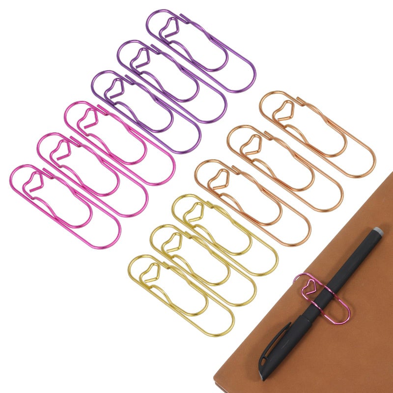 IANFAN 12 Pcs Metal Pen Clips for Notebook, 2.8 Inch Paper Clip Pen Holder for Notebooks Papers Planner Jumbo Office Supplies, Gold/Purple/Pink/Red Heart Shape - Image 1