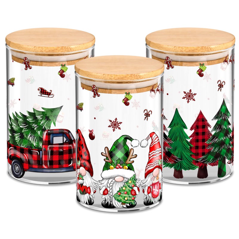 3 Pack Christmas Glass Storage Jars With Airtight Bamboo Lid Gnome Red Truck Canister Sets for Kitchen Countertop Decor Cookie Jars Candy Containers