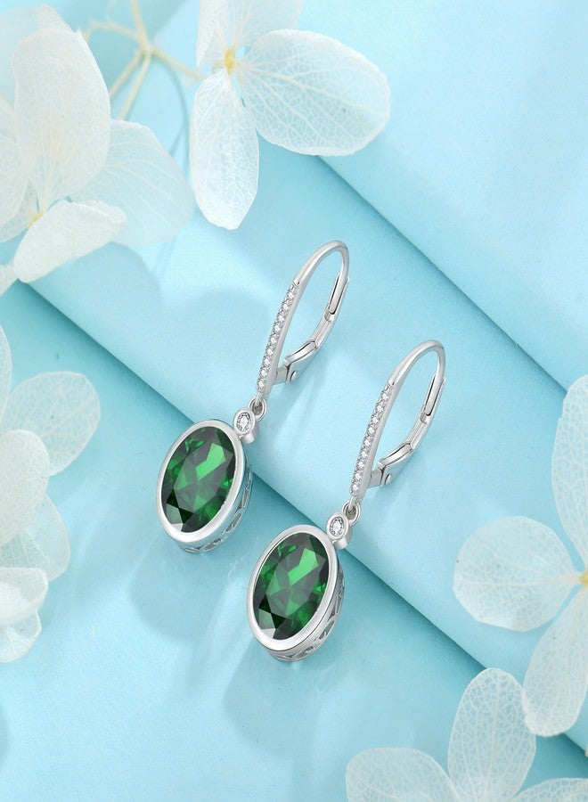 FJ Emerald Drop Earrings 925 Sterling Silver Oval Cut Dangle Leverback Earrings May Birthstone Jewelry Gifts for Women - Image 5