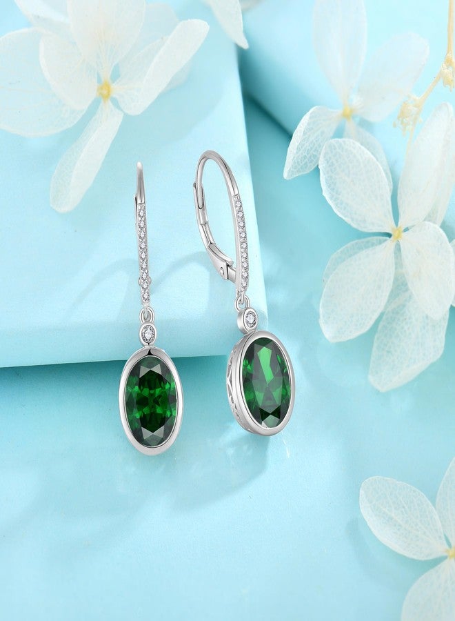 FJ Emerald Drop Earrings 925 Sterling Silver Oval Cut Dangle Leverback Earrings May Birthstone Jewelry Gifts for Women - Image 4