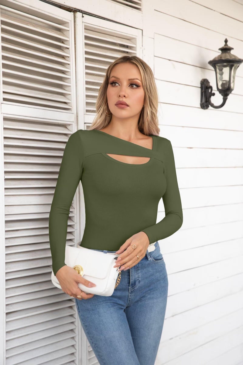 VICHYIE Long Sleeve Shirts for Women Cutout Tops Ribbed Slim Fitted Fashion Fall Clothes One Piece Pullover Tee Tshirts Green L - Image 5