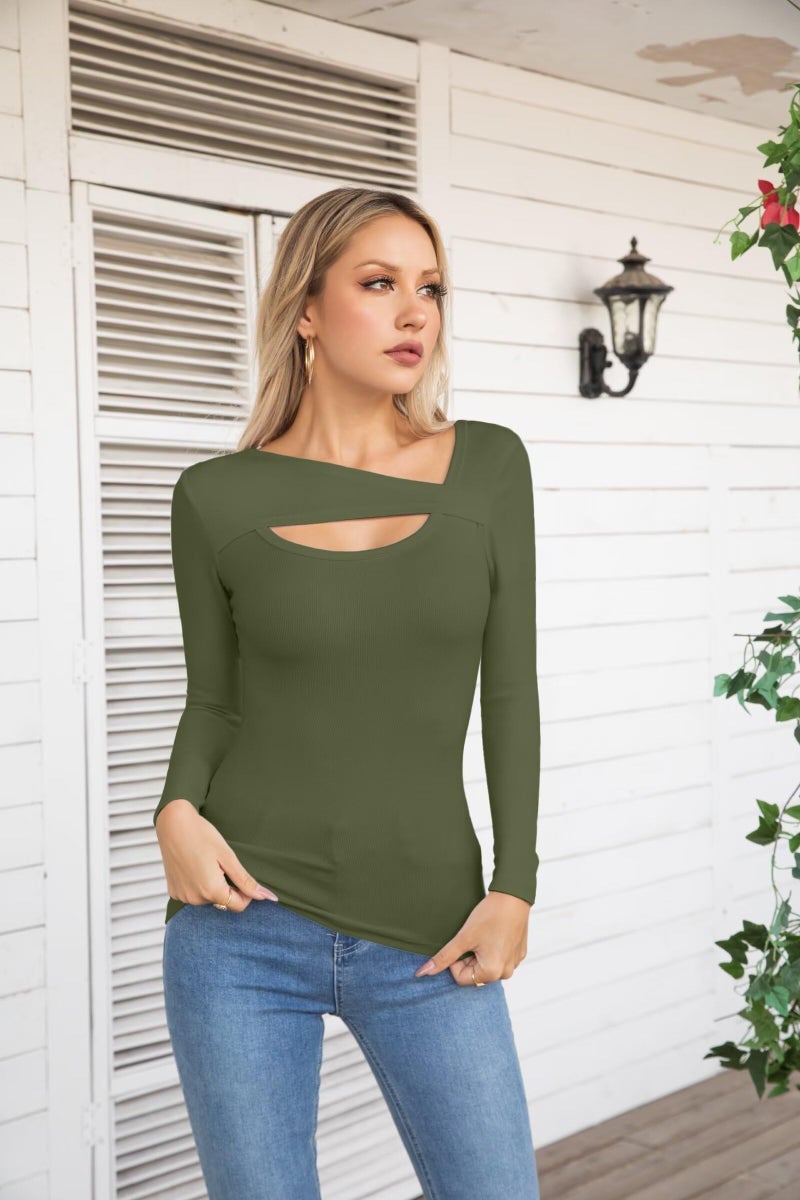 VICHYIE Long Sleeve Shirts for Women Cutout Tops Ribbed Slim Fitted Fashion Fall Clothes One Piece Pullover Tee Tshirts Green L - Image 2