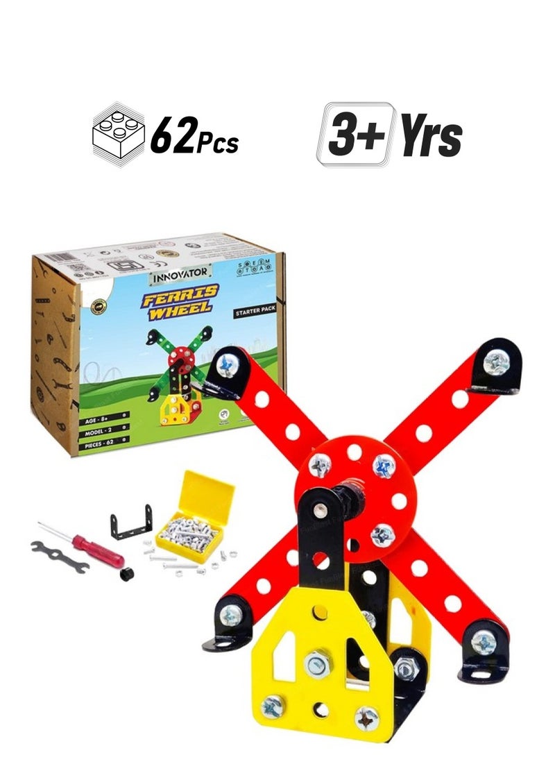 فنبلاست مكعبات عجلة فيريس من فن بلاست للأطفال - 62 قطعة من مكعبات البناء والتجميع، ألعاب تعليمية في مجالات العلوم والتكنولوجيا والهندسة والرياضيات، مكعبات ألغاز يمكنك صنعها بنفسك، ألعاب مكعبات للأطفال من سن 3 سنوات فما فوق - Image 1