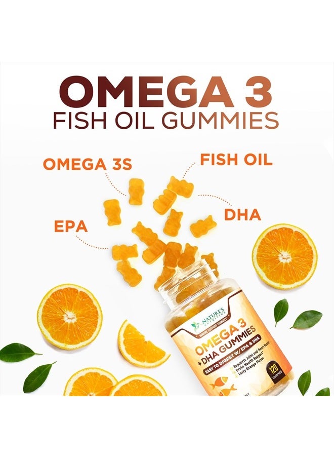 Nature's Nutrition - Omega 3 Fish Oil Gummies, Heart Healthy Omega 3 Gummy Supplement with High Absorption DHA & EPA, Extra Strength Joint & Brain Support, Omega 3 Fish Oil Nature's Vitamin, Orange Flavor - 120 Gummies - Image 1