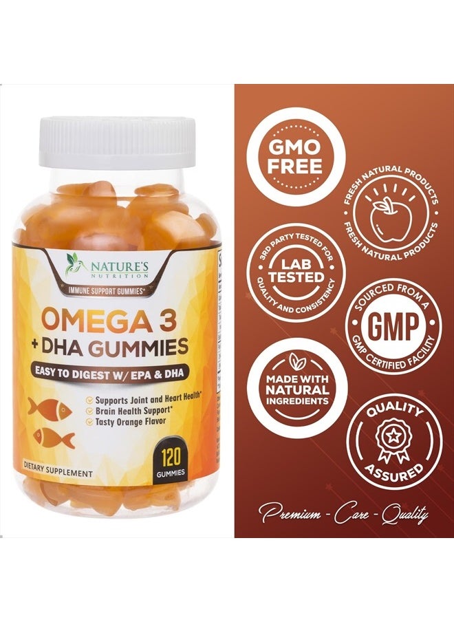Nature's Nutrition - Omega 3 Fish Oil Gummies, Heart Healthy Omega 3 Gummy Supplement with High Absorption DHA & EPA, Extra Strength Joint & Brain Support, Omega 3 Fish Oil Nature's Vitamin, Orange Flavor - 120 Gummies - Image 1