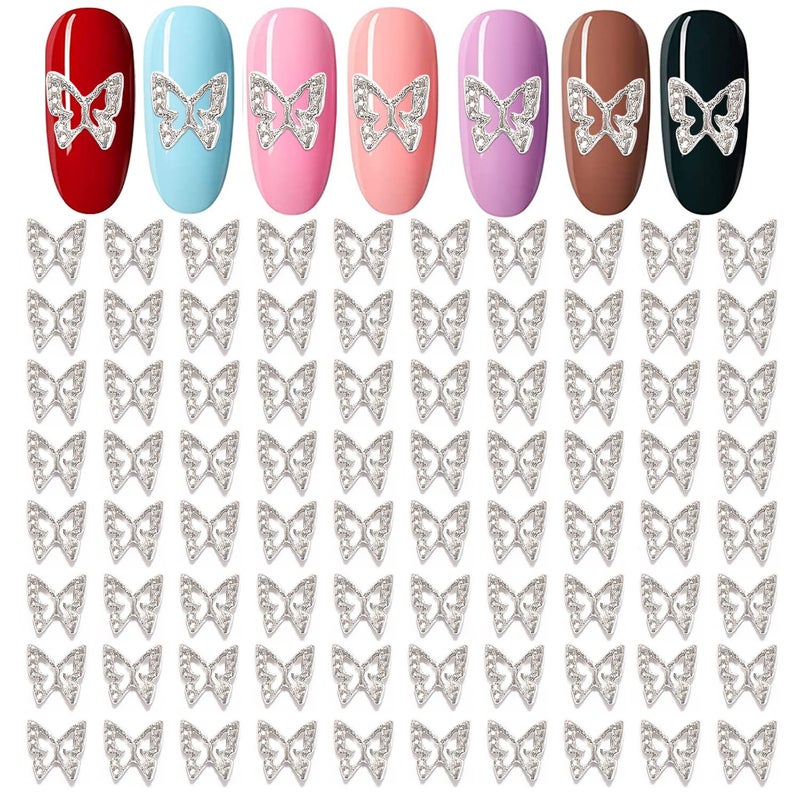 WOKOTO WOKOTO 100pcs Silver Butterfly Nail Charms For Acrylic Nails Butterfly Jewelrys 3d Nail Charms Nail Jewelry For Acrylic Nails Art 3d Butterfly Charms Silver Nail Studs Charms For Nails Designs