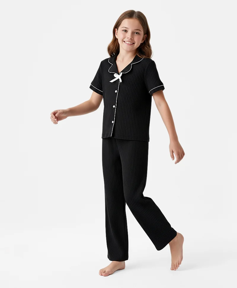 Pine Kids Pine Kids Drop Needle Knit Half Sleeves Solid Night Suit With Bow Applique - Black