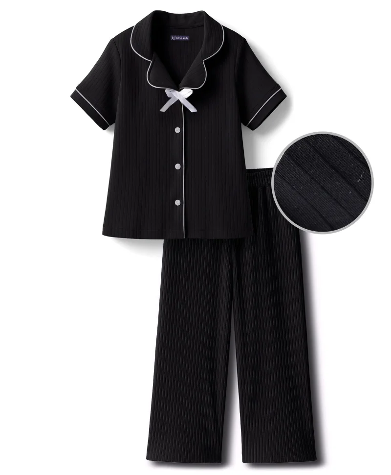 Pine Kids Pine Kids Drop Needle Knit Half Sleeves Solid Night Suit With Bow Applique - Black