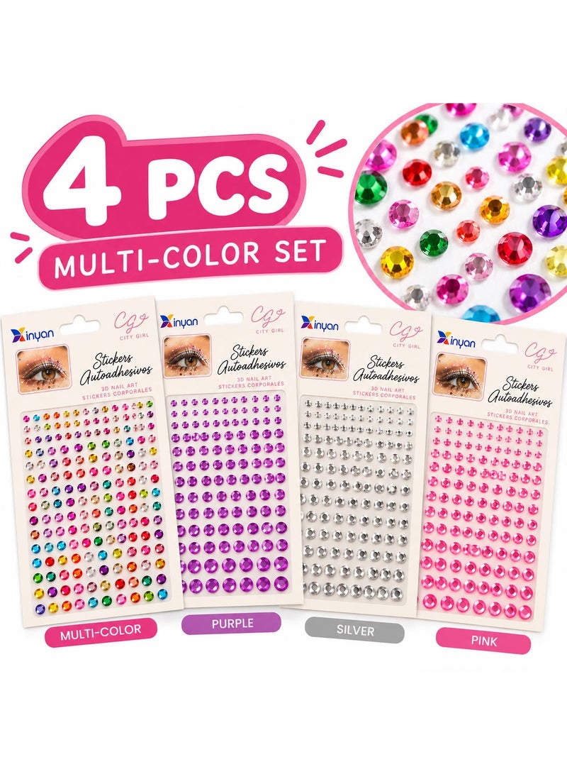 4-Piece Multi-Color Self-Adhesive Rhinestone Sticker Set, Versatile 3D Gems for Eye and Face Makeup, Body Art and Creative Nail Decoration, Colorful Beauty Accessories - Image 1