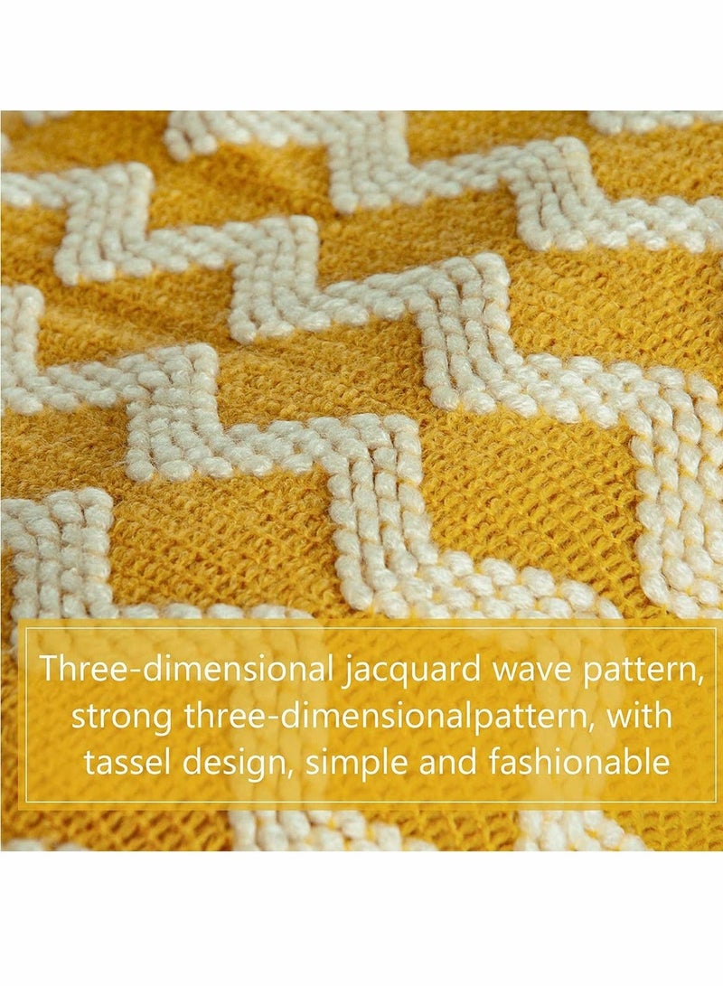 Acrylic Knitted Throw Blanket, Lightweight and Soft Decorative Woven Blanket with Tassels for Bed, Sofa, 51 x 67 Inches, Mustard Yellow Wave - Image 3