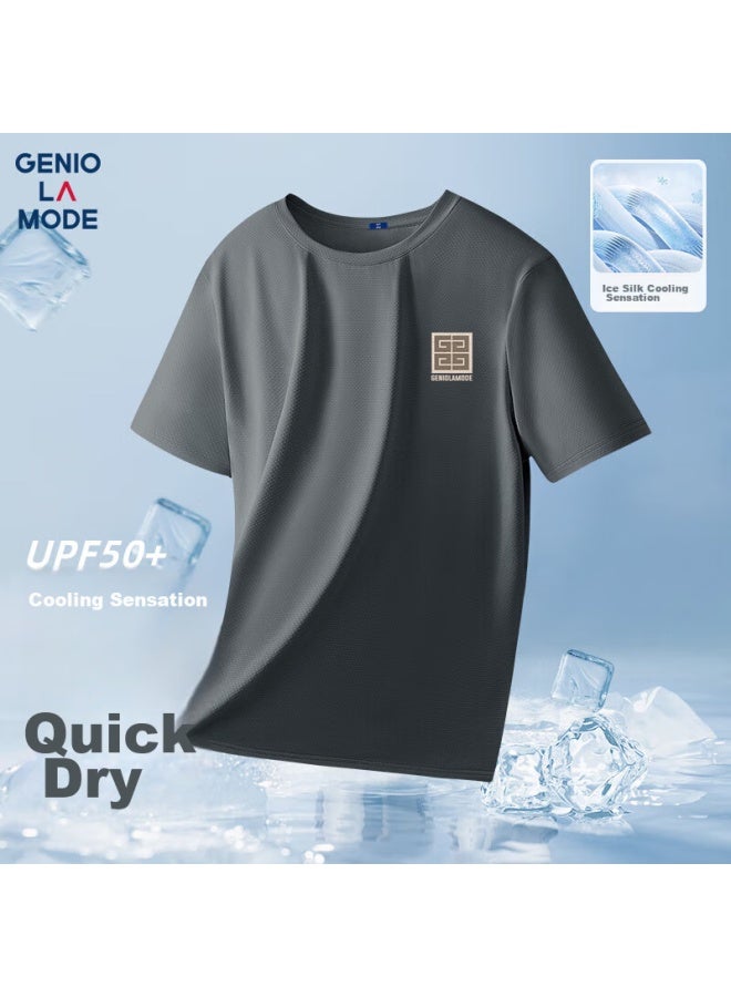 Geniolamode Ice Silk Short-sleeve Men's Summer Casual Cool-feeling Quick-dry Breathable Trendy T-shirt Men's Clothing Tee, Dark Gray, XL - Image 1