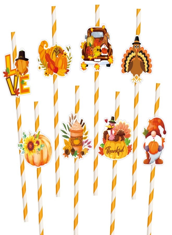 Konsait Thanksgiving Paper Straws, 24 PCS White Orange Striped Straws for Fall Harvest Party Decorations - Image 1