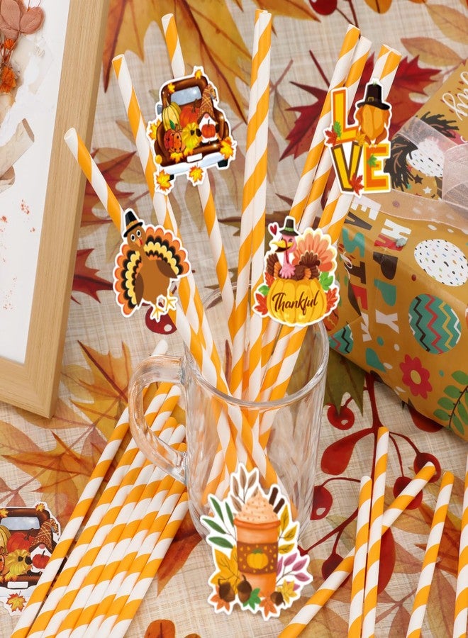 Konsait Thanksgiving Paper Straws, 24 PCS White Orange Striped Straws for Fall Harvest Party Decorations - Image 3