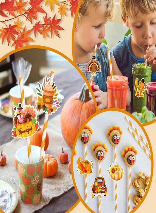 Konsait Thanksgiving Paper Straws, 24 PCS White Orange Striped Straws for Fall Harvest Party Decorations - Image 4