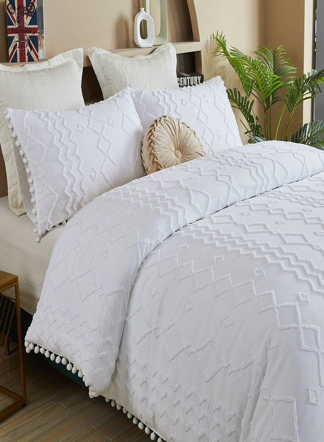 FADFAY Boho Bedding Set Duvet Cover Full Size, Cotton Farmhouse Bedding, White Pom Pom Duvet Covers All Seasons, 3 Pcs Soft Reversible Zipper Tufted Shabby & Chic Home Bedding Cute - White, Full - Image 2