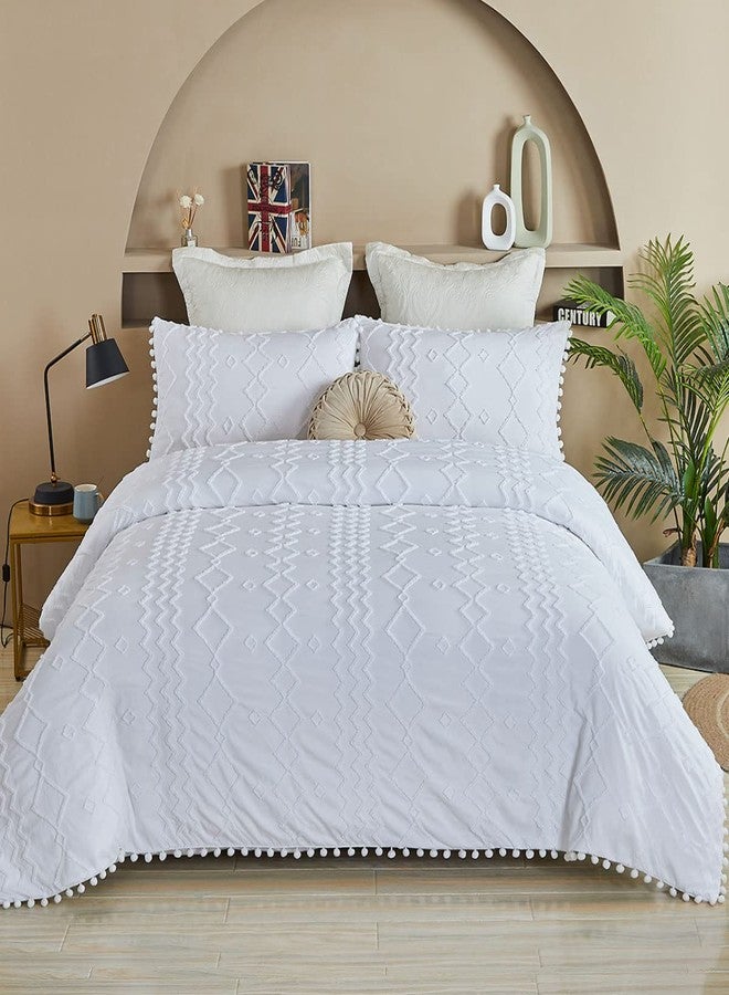 FADFAY Boho Bedding Set Duvet Cover Full Size, Cotton Farmhouse Bedding, White Pom Pom Duvet Covers All Seasons, 3 Pcs Soft Reversible Zipper Tufted Shabby & Chic Home Bedding Cute - White, Full - Image 1