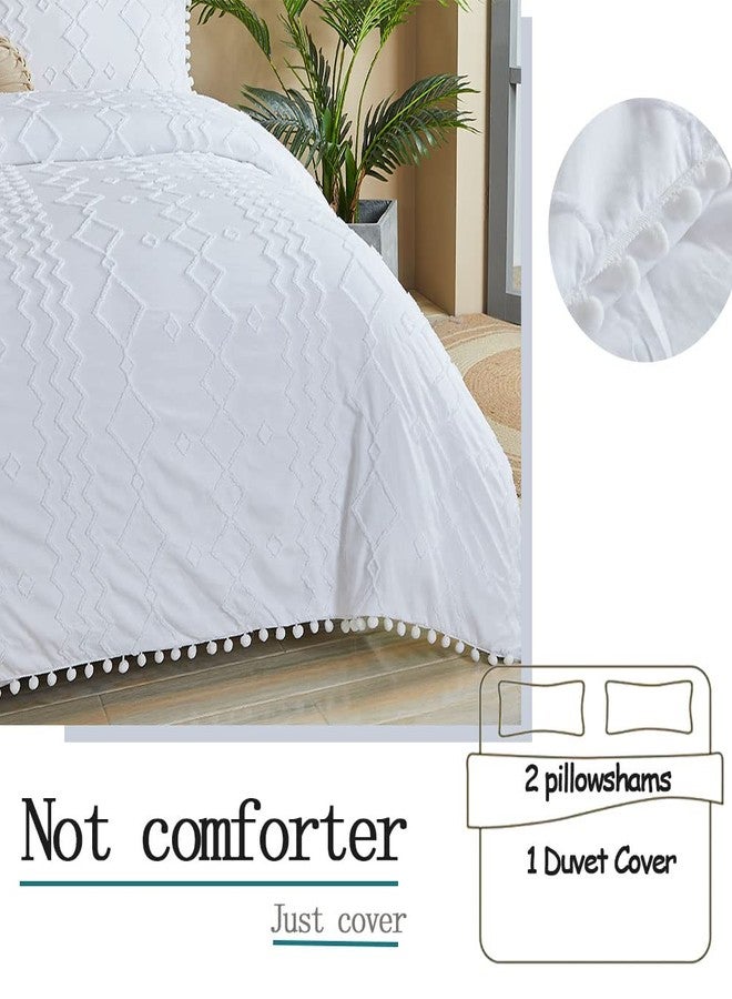 FADFAY Boho Bedding Set Duvet Cover Full Size, Cotton Farmhouse Bedding, White Pom Pom Duvet Covers All Seasons, 3 Pcs Soft Reversible Zipper Tufted Shabby & Chic Home Bedding Cute - White, Full - Image 3