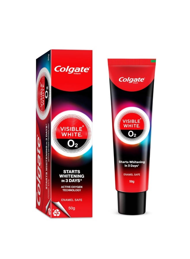 Colgate Visible White O2, Teeth Whitening Toothpaste (50g) for noticeably whiter teeth starting in 3 days with Active Technology, Enamel Safe Teeth Whitening & Fresh Breath