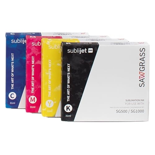 Sawgrass خرطوشة حبر السوبليماشن Sawgrass SubliJet UHD - أسود، أزرق، أرجواني، أصفر 4 عبوات - حبر عالي الأداء لطابعات السوبليماشن SG500 و SG1000 - حبر جل عالي اللزوجة وطويل الأمد - Image 1