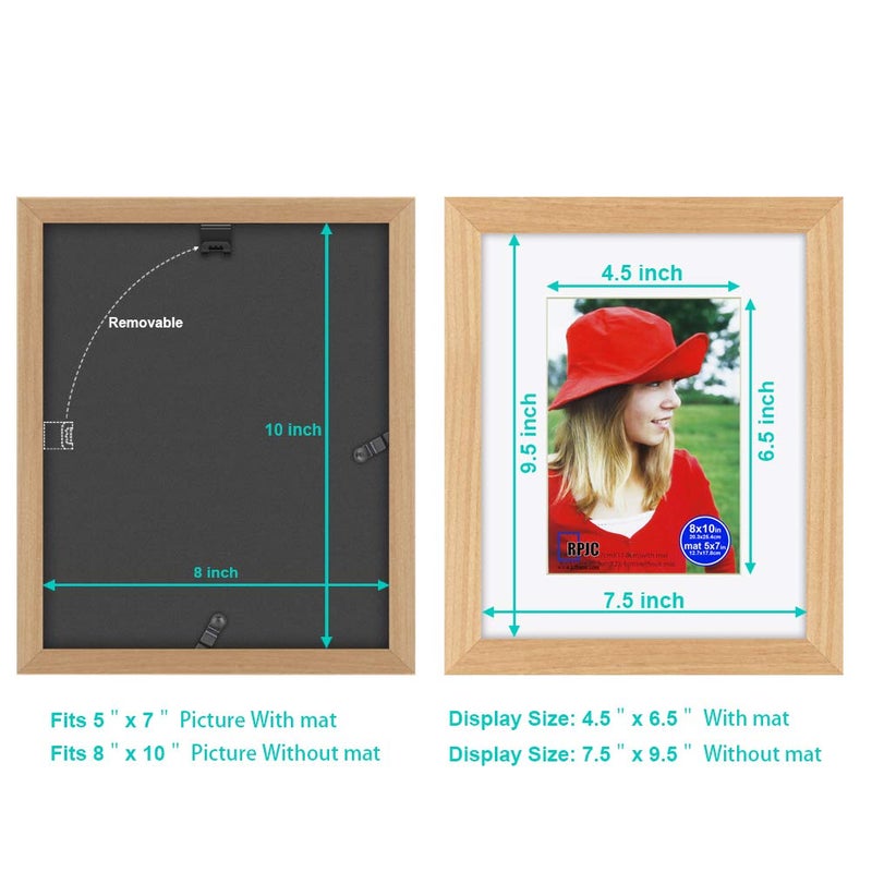 RPJC RPJC 8x10 inch Picture Frame Made of Solid Wood and High Definition Glass Display Pictures 5x7 with Mat or 8x10 Without Mat for Wall Mounting Photo Frame Natural - Image 4
